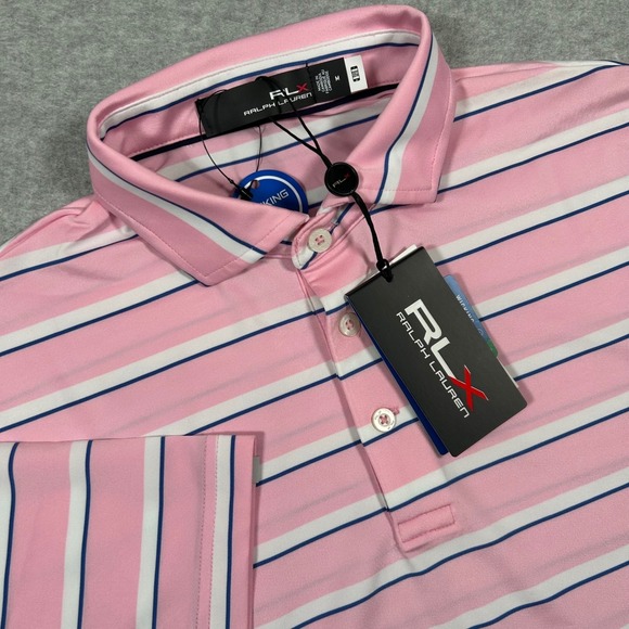 RLX Ralph Lauren Other - RLX Ralph Lauren Golf Polo Shirt Mens Medium Striped Pink White Wicking NEW NWT